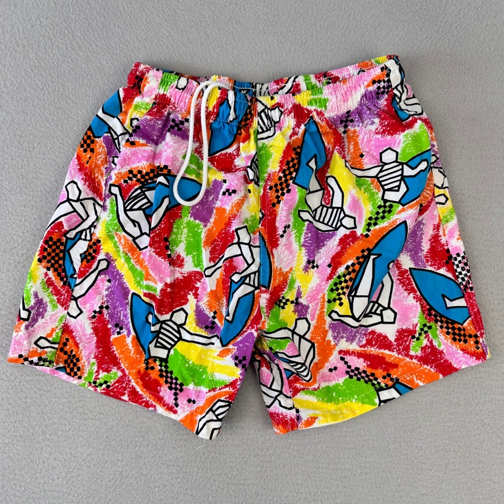 Vintage 80s Cotton Surf Shorts 5" Mens Small Abstract Multi-Color Rainbow Hawaii